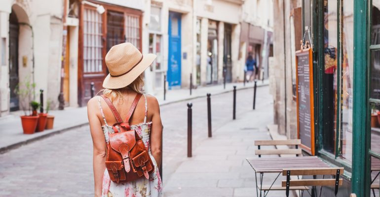 woman tourist on the street travelling in Europe